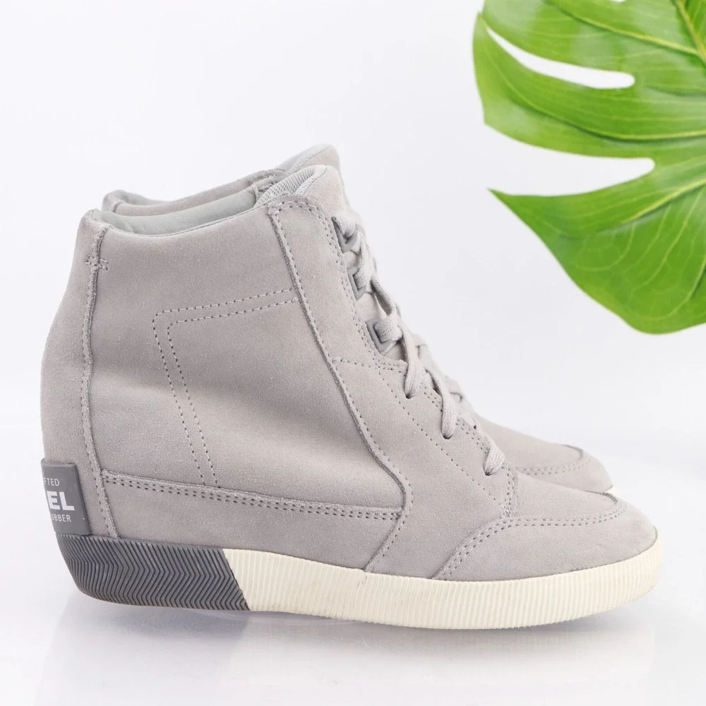 Sorel Womens Out N About Boots Size 8.5 Waterproof Gray Suede Wedge Heel Lace Up